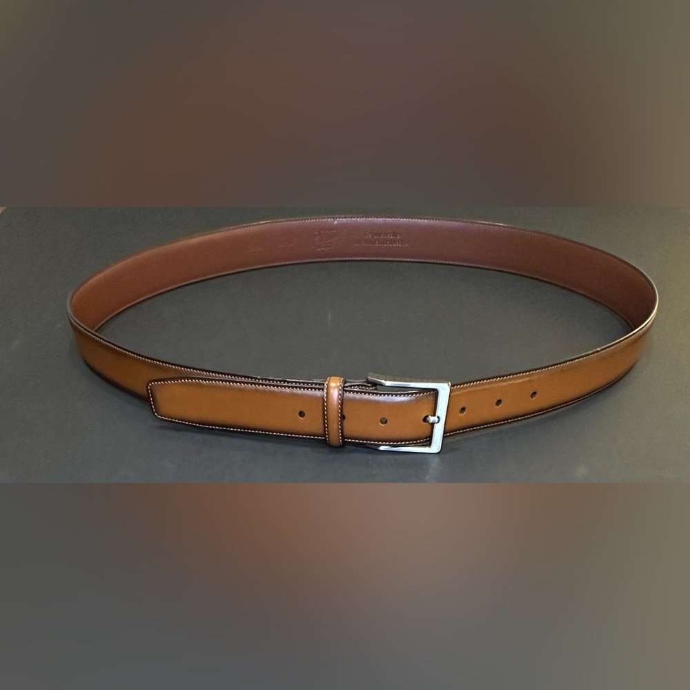 🌟HP🌟Original Penguin Burnished Tan Leather  Feather Edge Dress Belt SilverBuckle